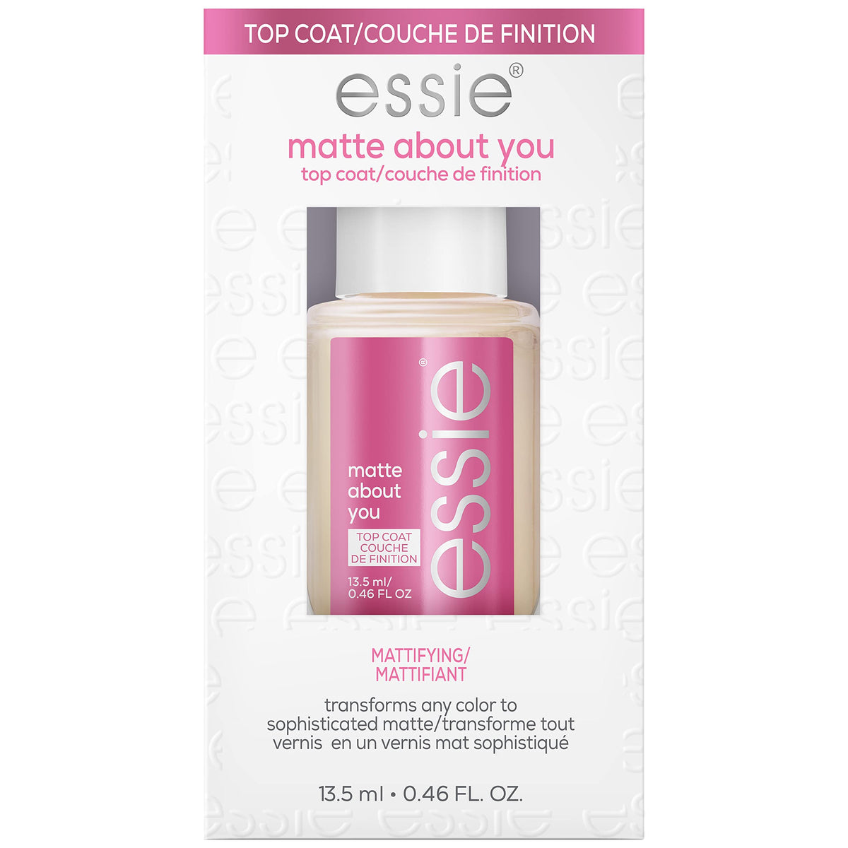 Essie Matte About You Top Coat – bouteille 46 ml, finition velours et sans traces.