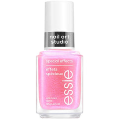 Essie Astral Aura: vue de la bouteille rose et éclat subtil sur fond clair