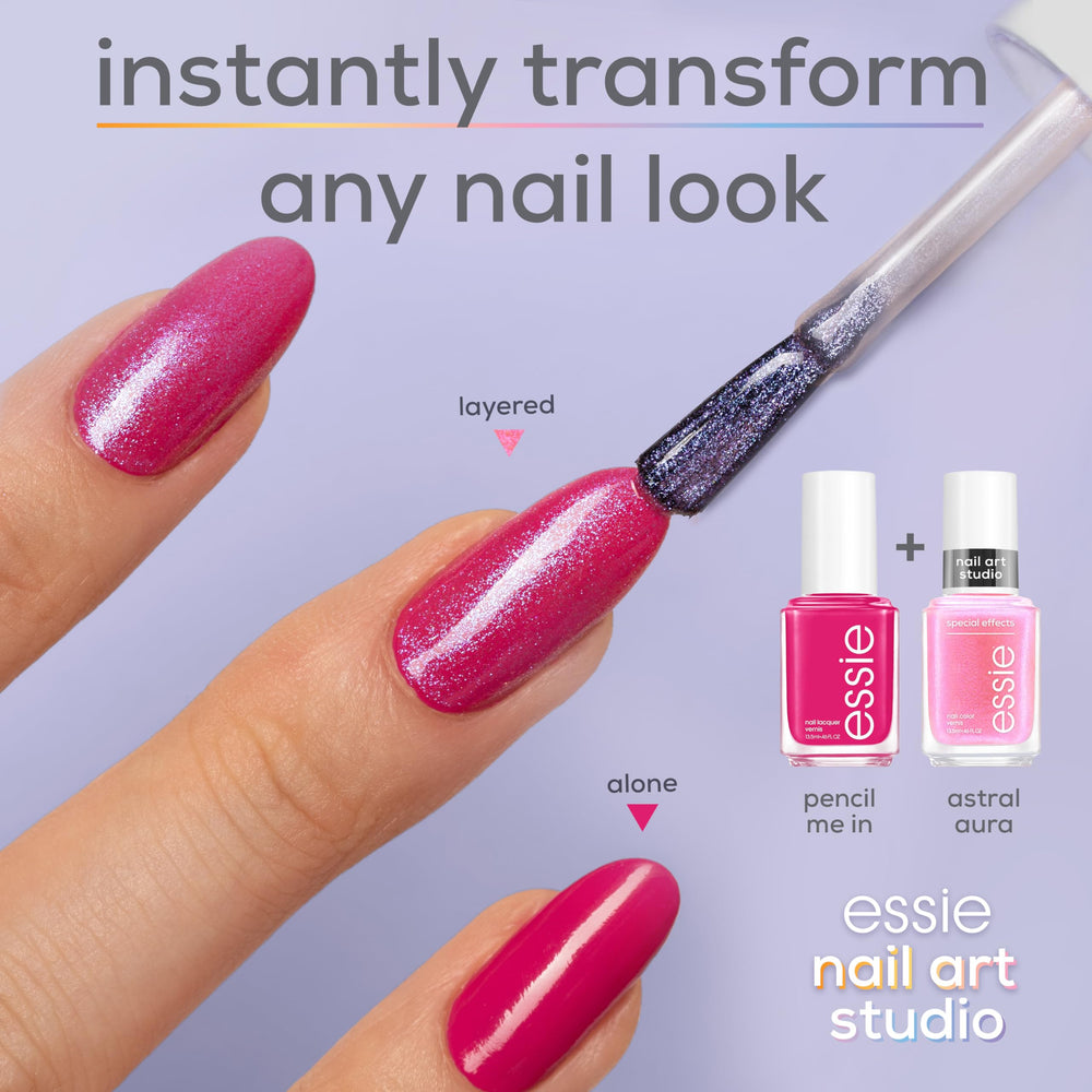 Essie Astral Aura: gros plan sur les perles holographiques reflectant la lumière