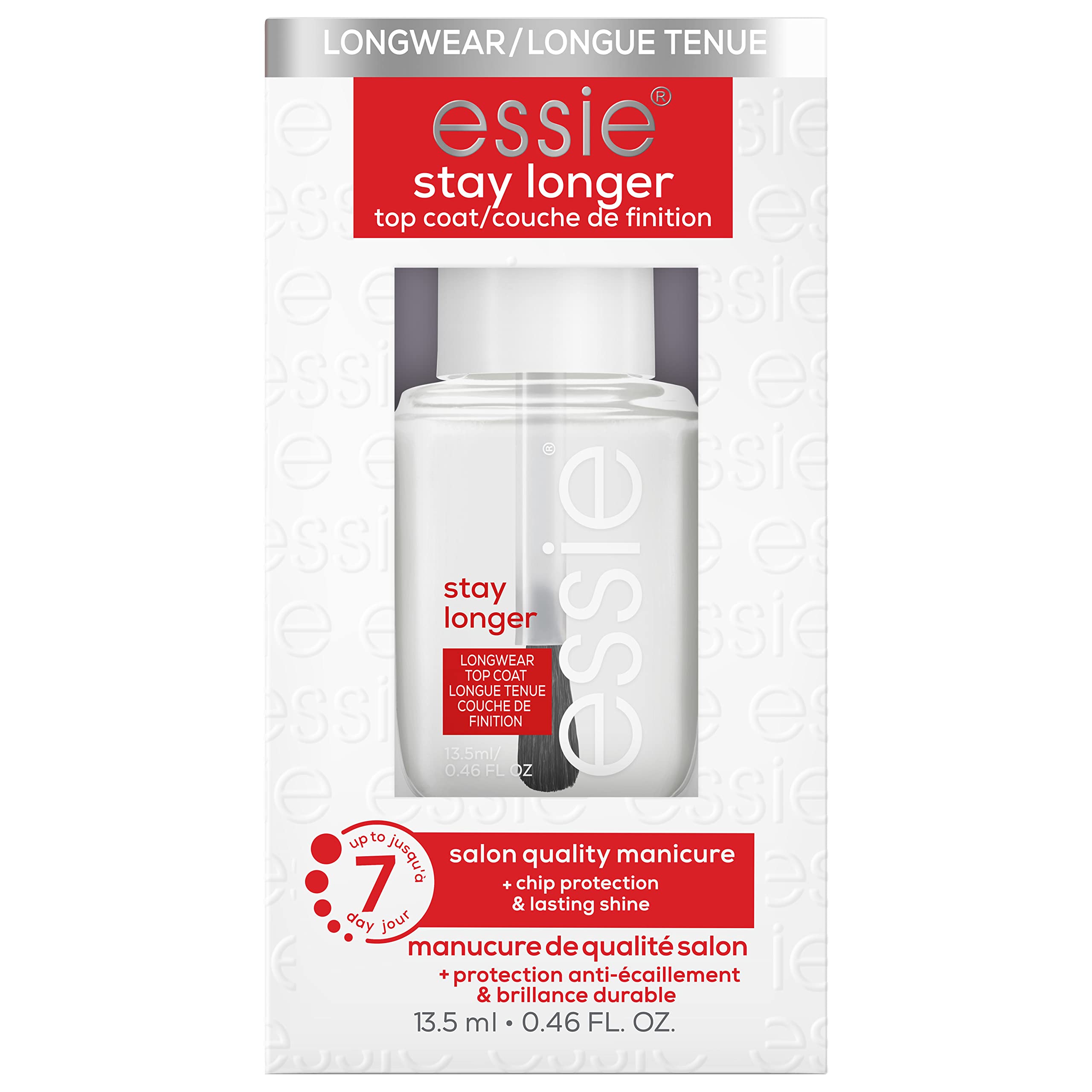 Essie Stay Longer vernis de finition flacon, protection longue durée et éclat.
