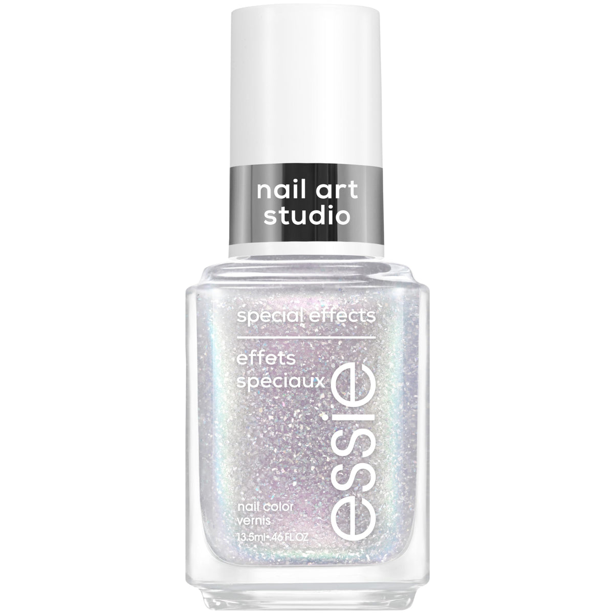 Vernis essie Nail Art Studio, bouteille en vedette avec effet perle violet pour un look lumineux.