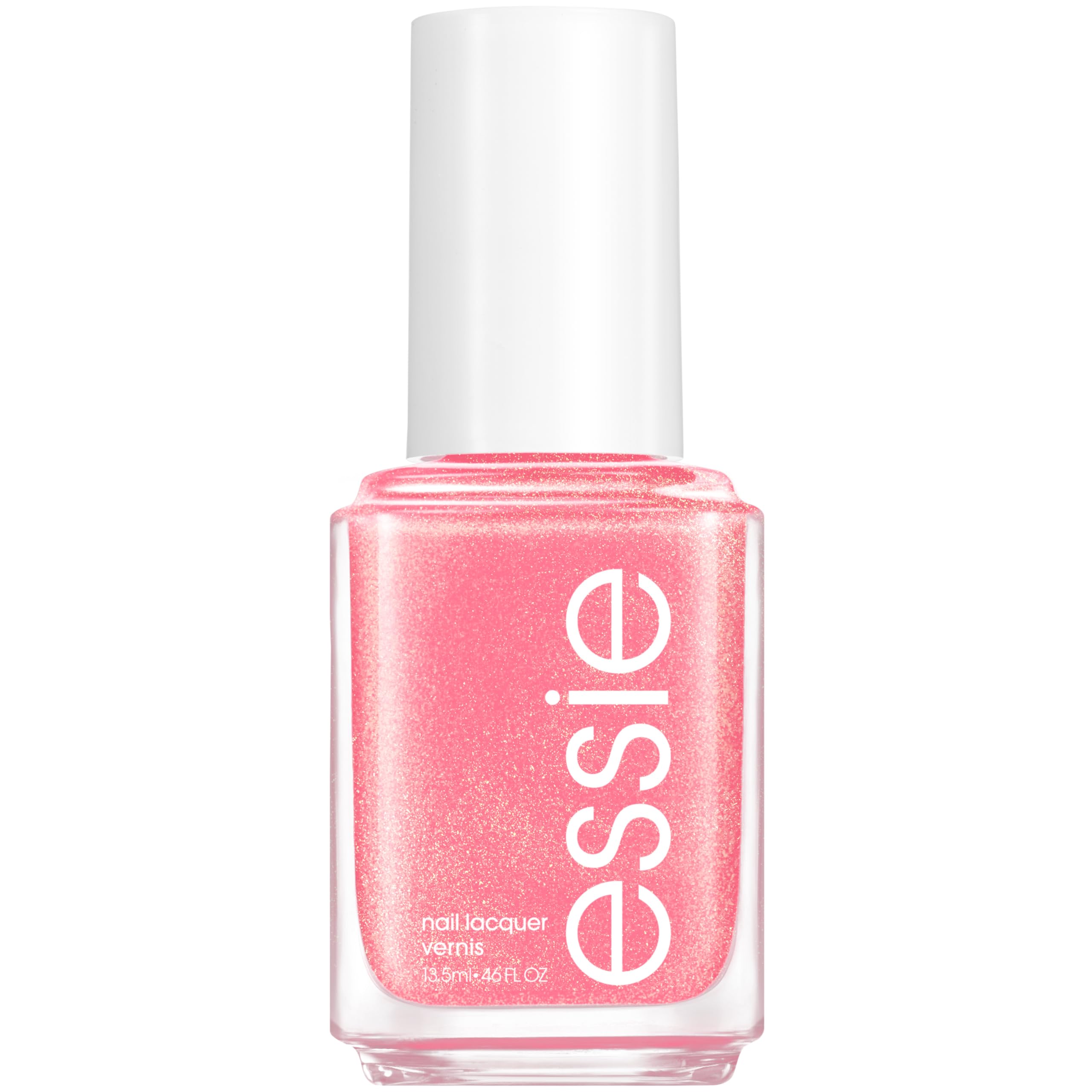 Vernis essie, bouteille rose scintillant, fini lumineux sur vos ongles.