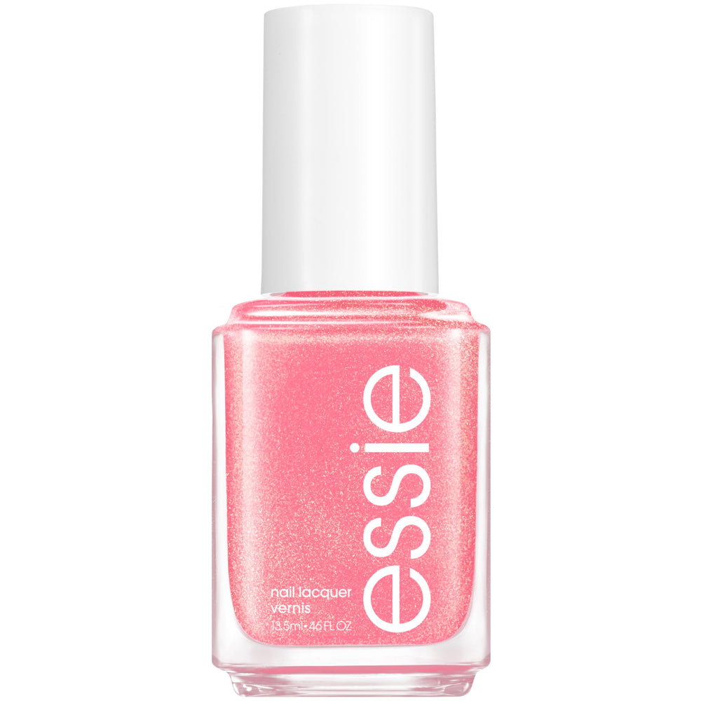 Vernis essie, bouteille rose scintillant, fini lumineux sur vos ongles.