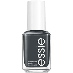 Vernis essie On Mute en gros plan sur la bouteille et sa teinte charcoal délicate.