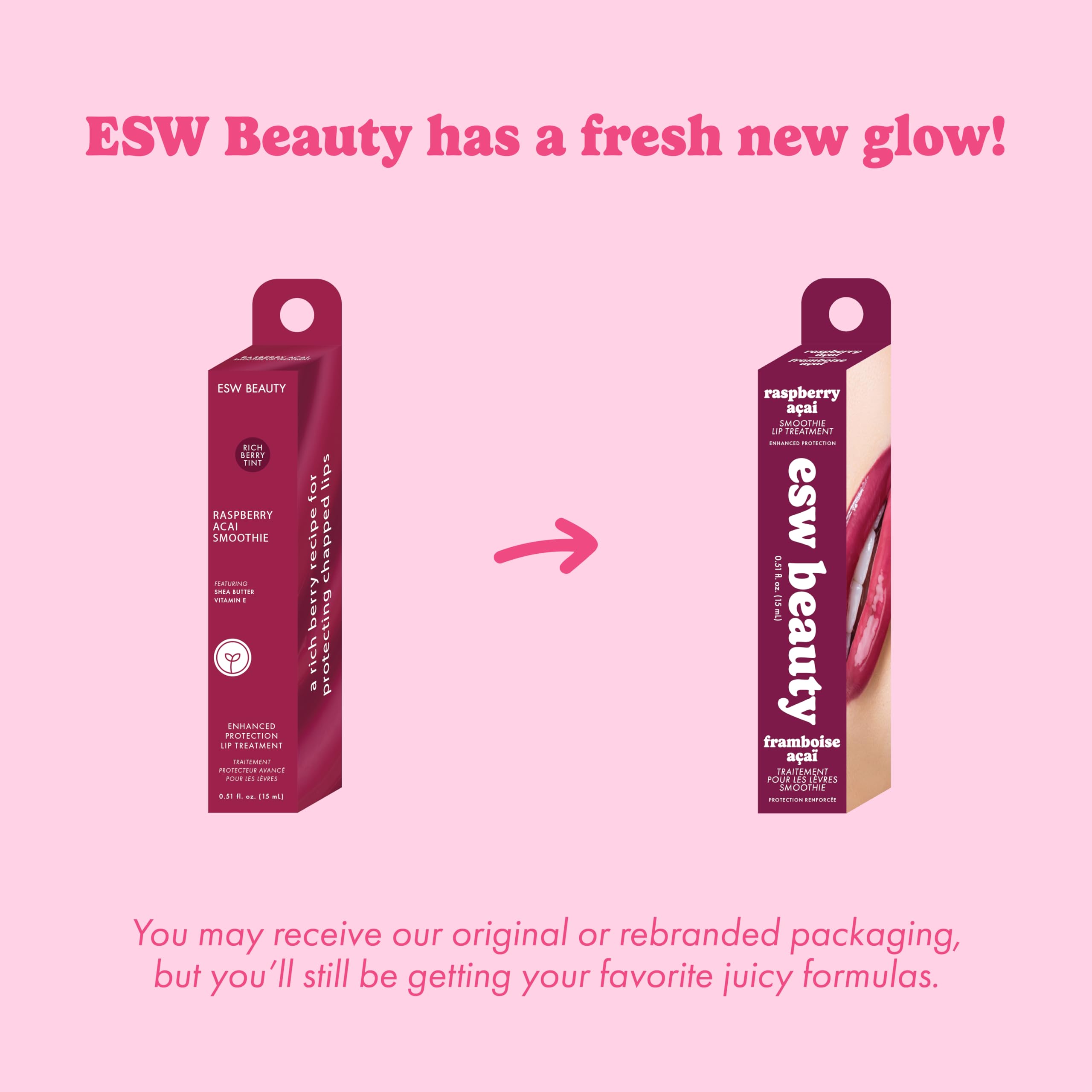 ESW Beauty teinte framboise-acai sur les lèvres, fini naturel