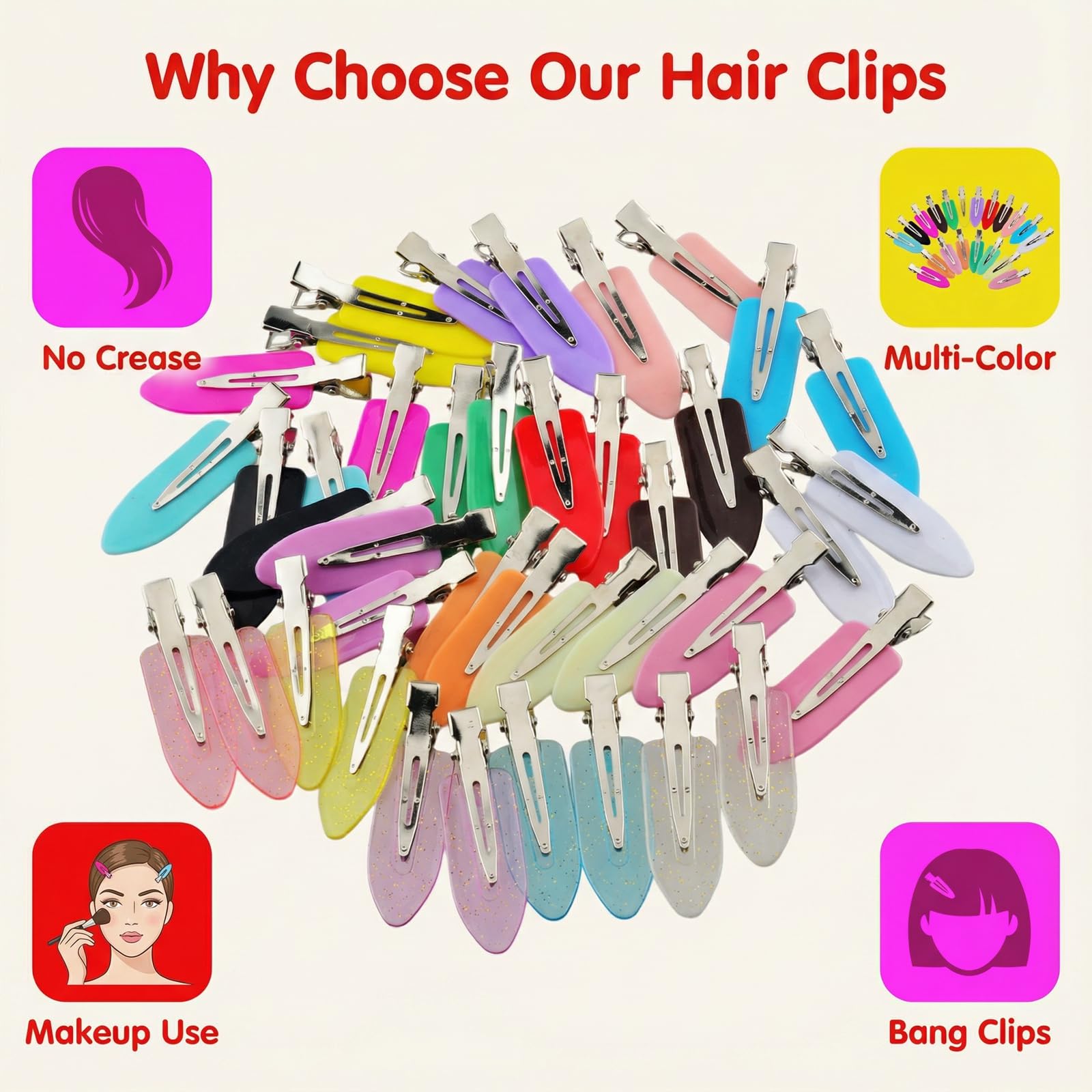 Clip Eswala cheveux multicolore, fixation légère pour maquillage et soins.