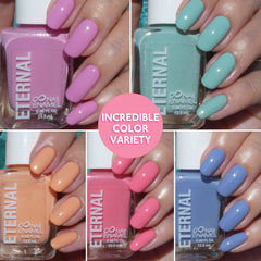 Vernis Eternal Pastel Orange: teinte vitaminée, séchage rapide et couvrance efficace.