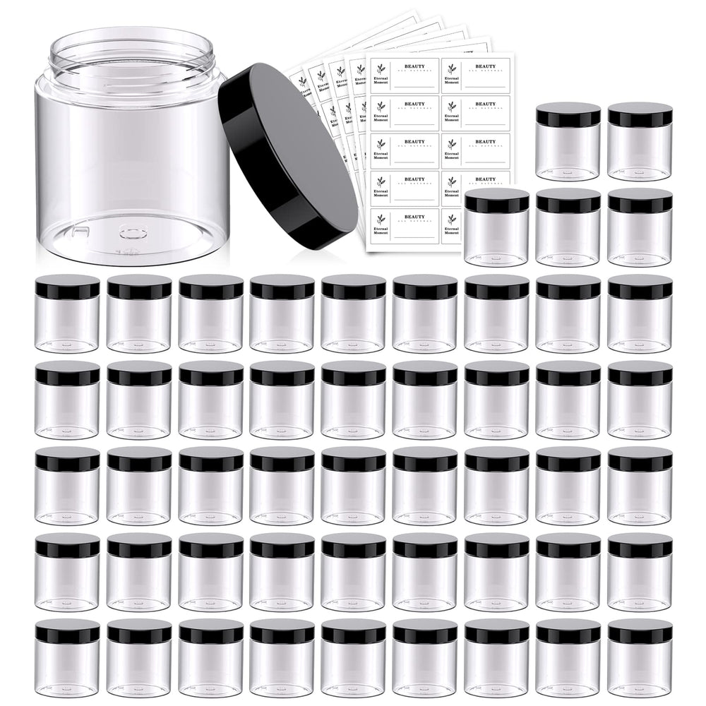 Pot Eternal Moment transparent 4 oz avec couvercle noir, idéal pour cosmétiques et échantillons.