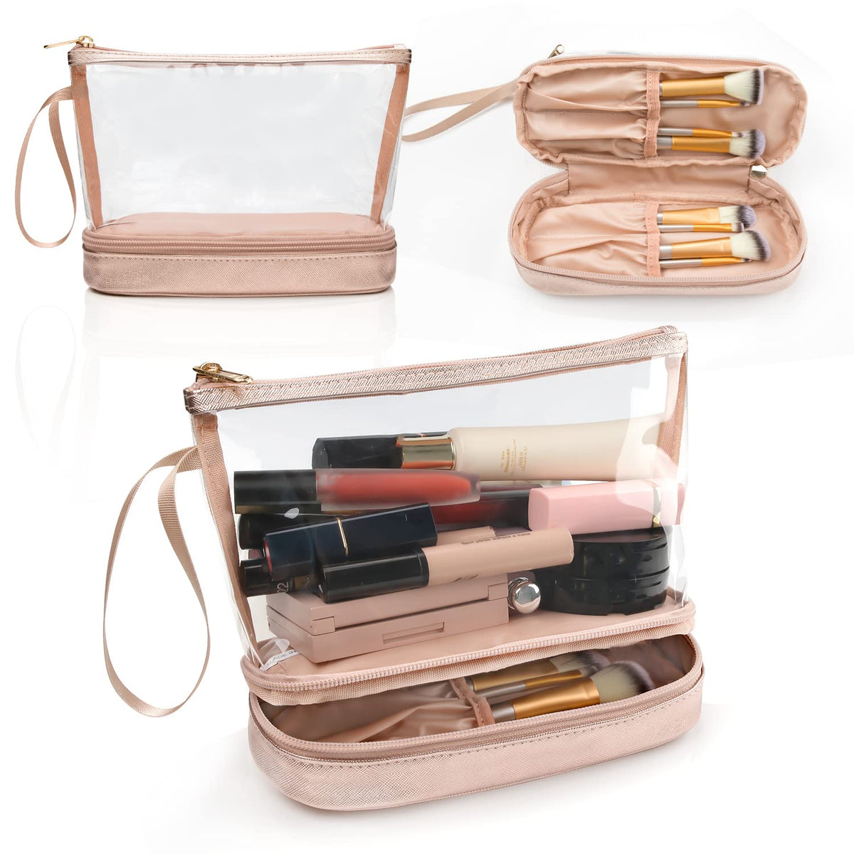 Ethereal sac-maquillage-transparent-rose-dore : accès rapide au maquillage grâce à sa transparence pratique.