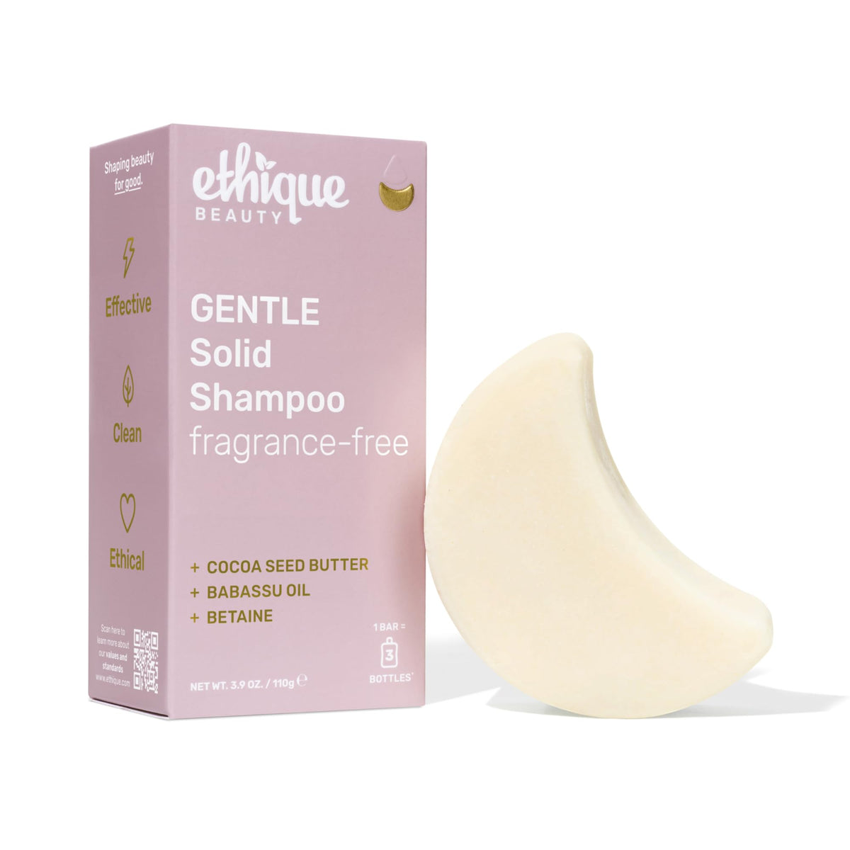 Ethique Gentle Unscented Shampoo Bar packaging highlights plastic-free design for sustainable care