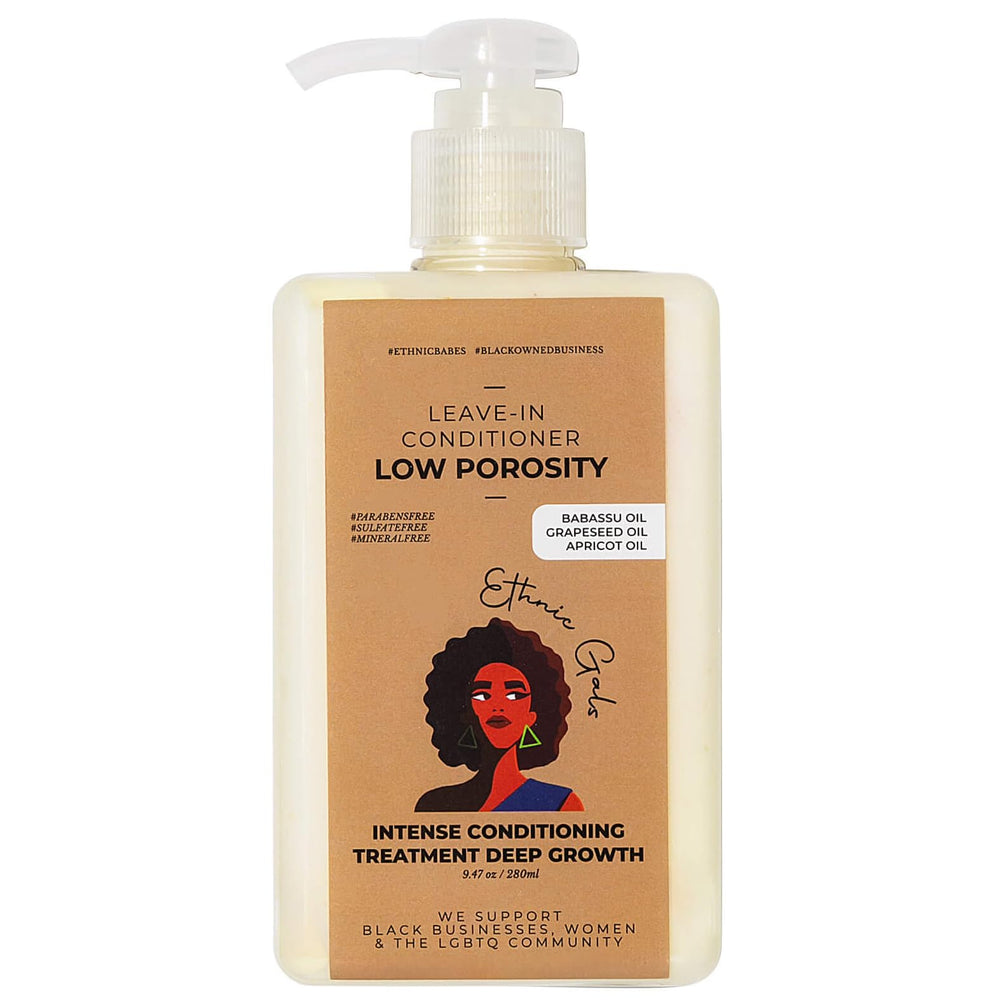 Ethnic Gals, bouteille d'apres-shampoing sans rinçage – hydratation légère pour cheveux à faible porosité.