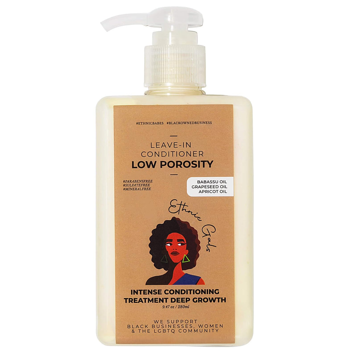 Ethnic Gals, bouteille d'apres-shampoing sans rinçage – hydratation légère pour cheveux à faible porosité.