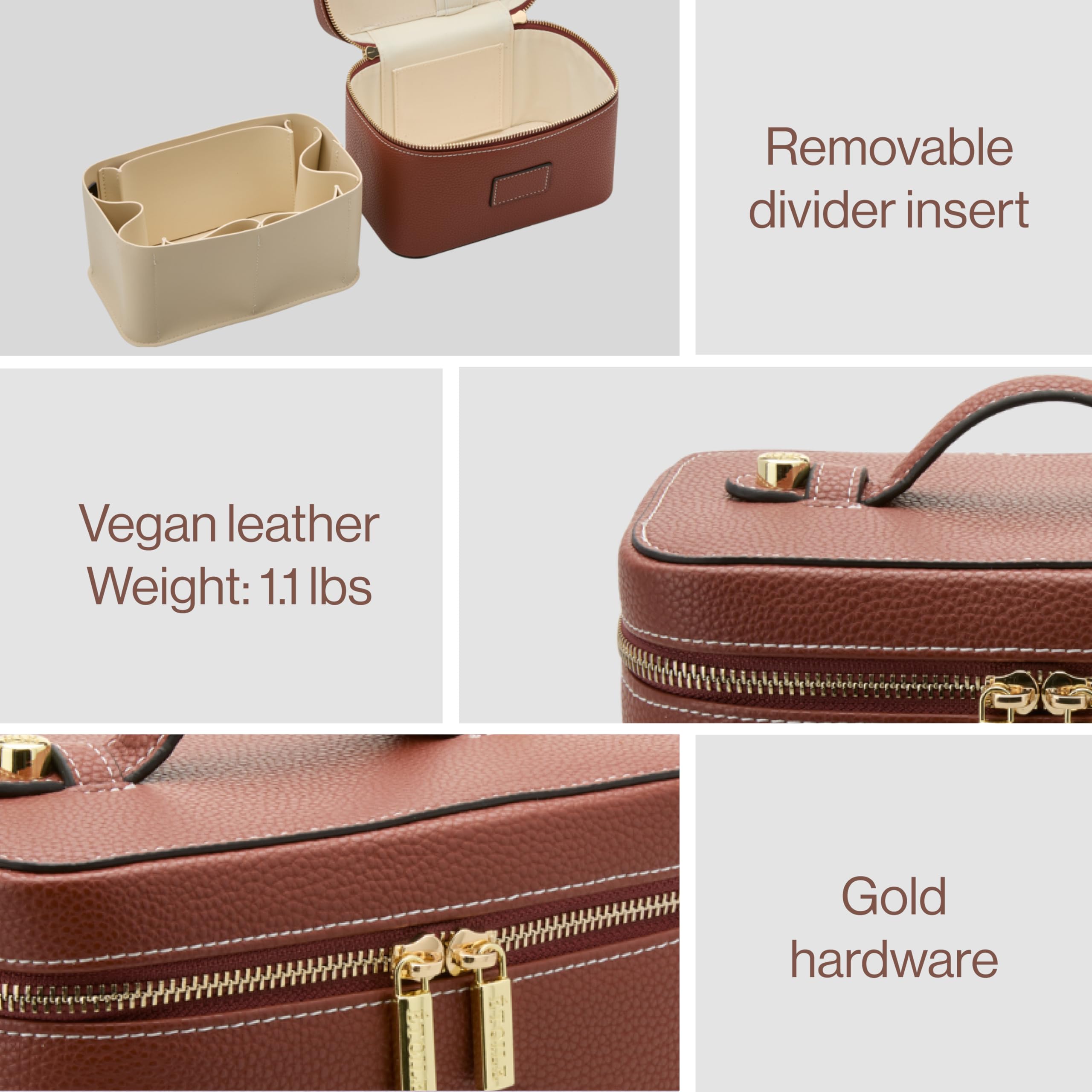 ETOILE Mini Vanity Case Ginger Brown intérieur avec diviseurs amovibles pour organiser facilement.