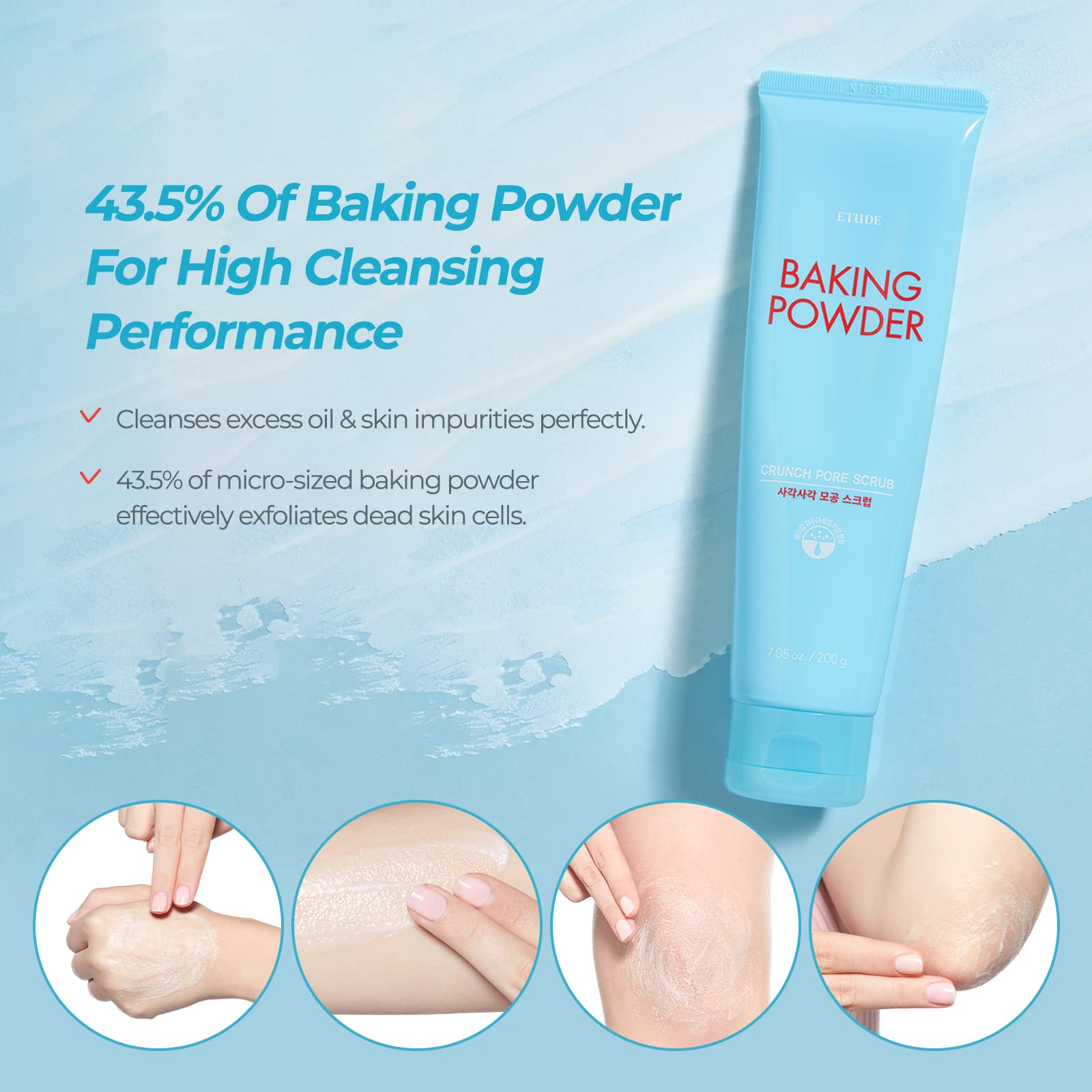 ETUDE Baking Powder Crunch Pore Scrub granules close-up shows micro particles for gentle exfoliation.