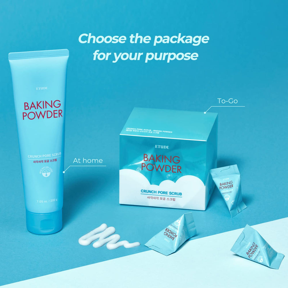 ETUDE Baking Powder Crunch Pore Scrub pouch suits travel skincare on the go.
