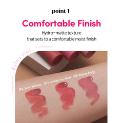 Fini mat léger ETUDE Fixing Tint 07 Cranberry Plum sur les lèvres.