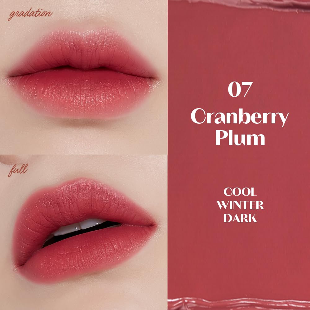 Teinte prune ETUDE Fixing Tint 07 Cranberry Plum pour un effet profond et pulpeux.