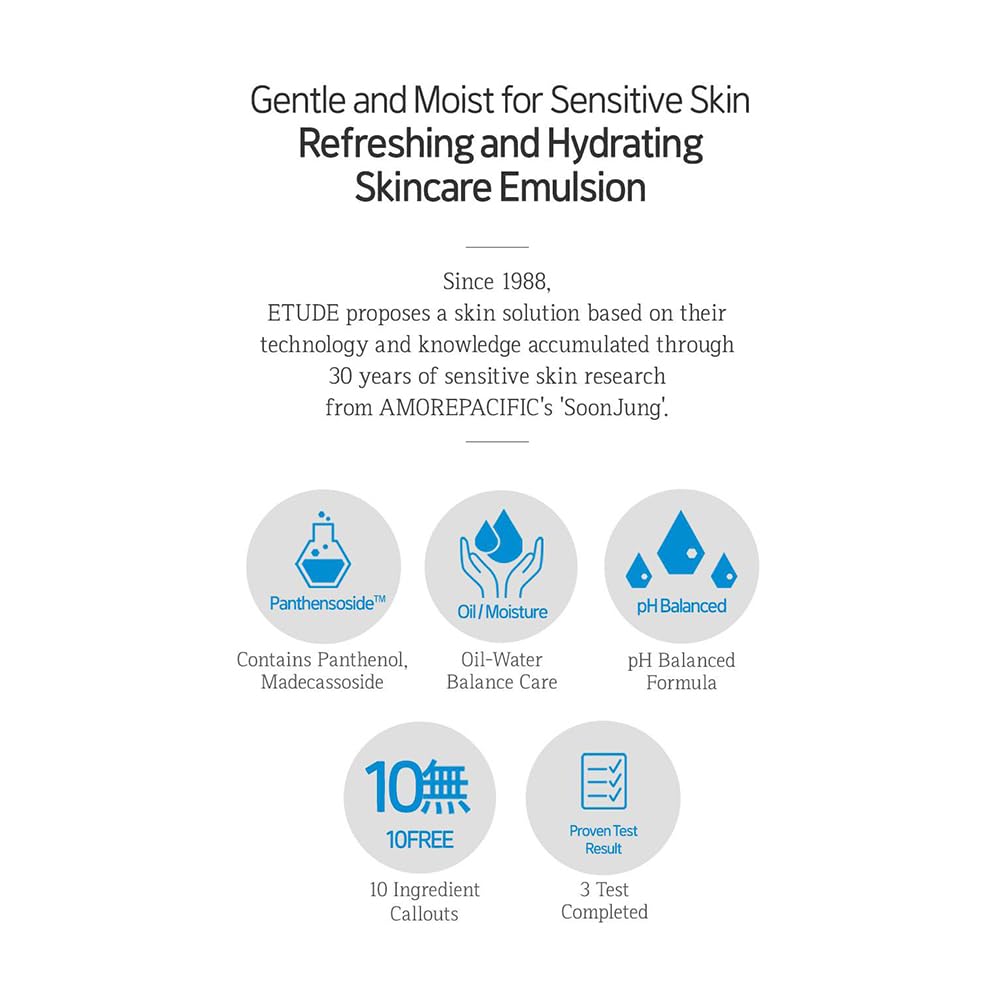 ETUDE SoonJung Émulsion: appliquer matin et soir pour une routine douce.