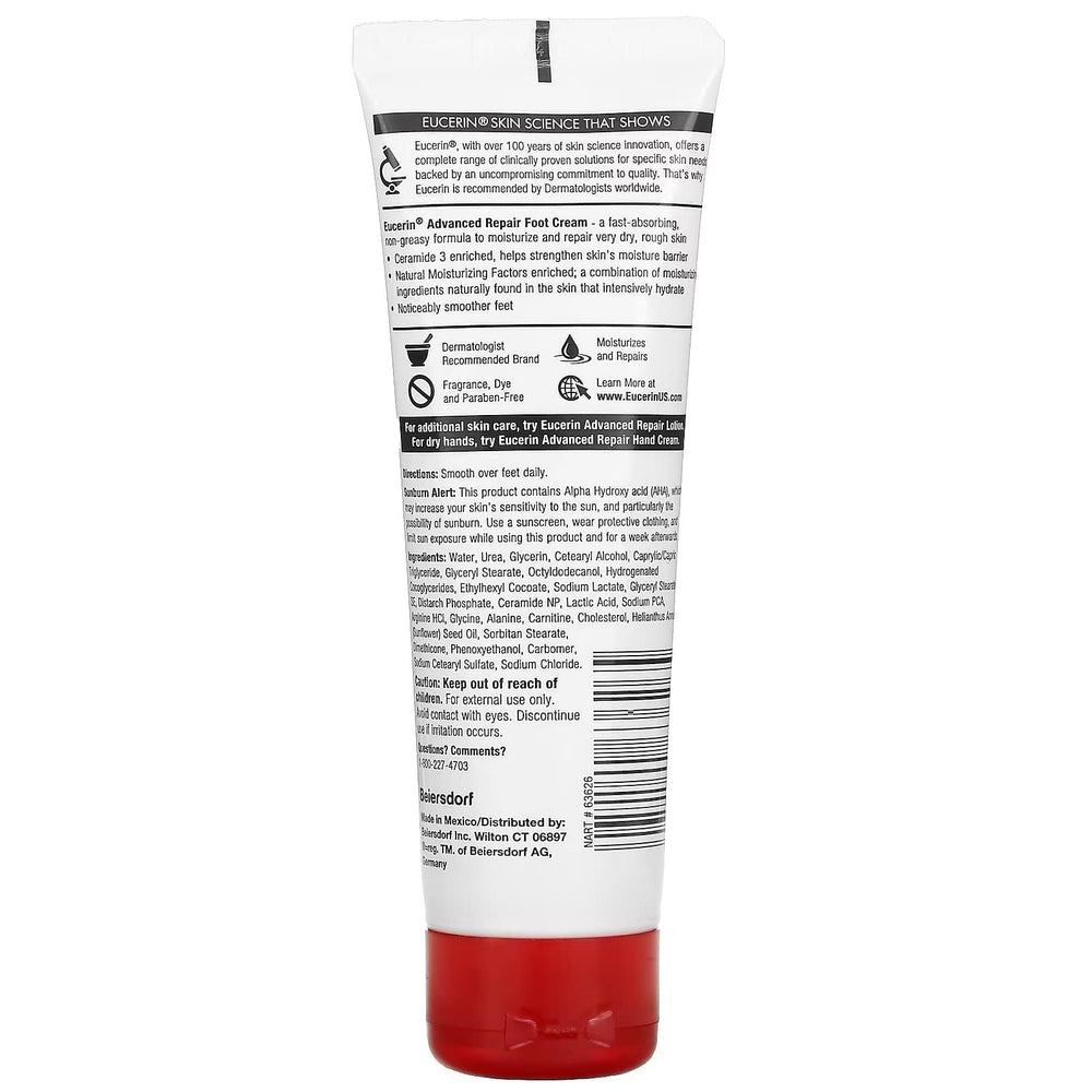 Crème pour les pieds Eucerin Advanced Repair en flacon pratique.