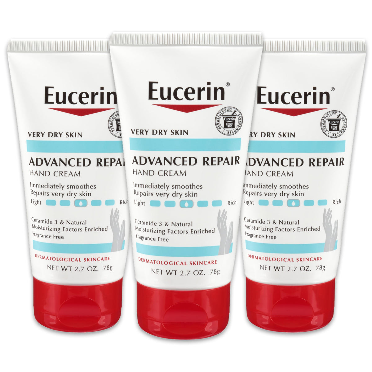 Crème mains Eucerin Advanced Repair, tube 2,7 oz, absorption rapide.