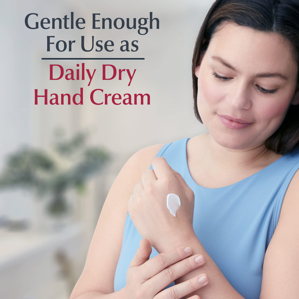 Sans colorants, crème mains Eucerin pour peaux sensibles.