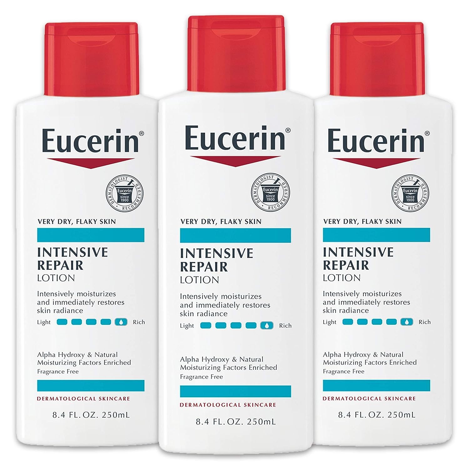 Lotion Eucerin Intensive Repair pack 3 bouteilles pour hydratation durable.
