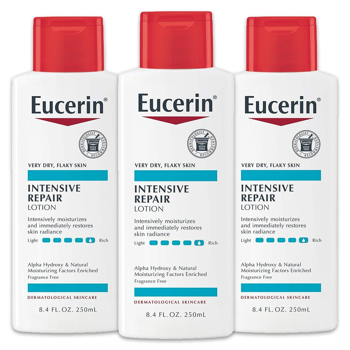 Lotion Eucerin Intensive Repair pack 3 bouteilles pour hydratation durable.