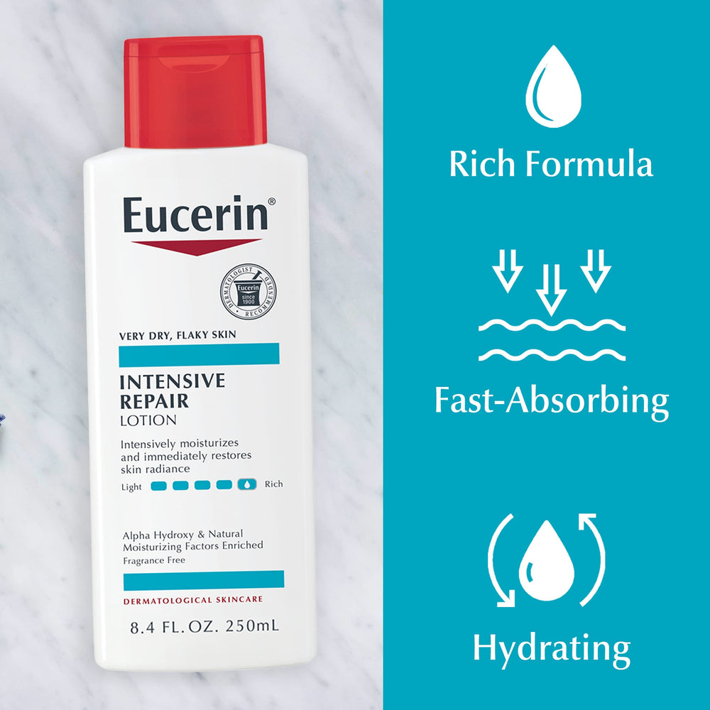 Lotion Eucerin soulage les peaux sèches et squameuses.