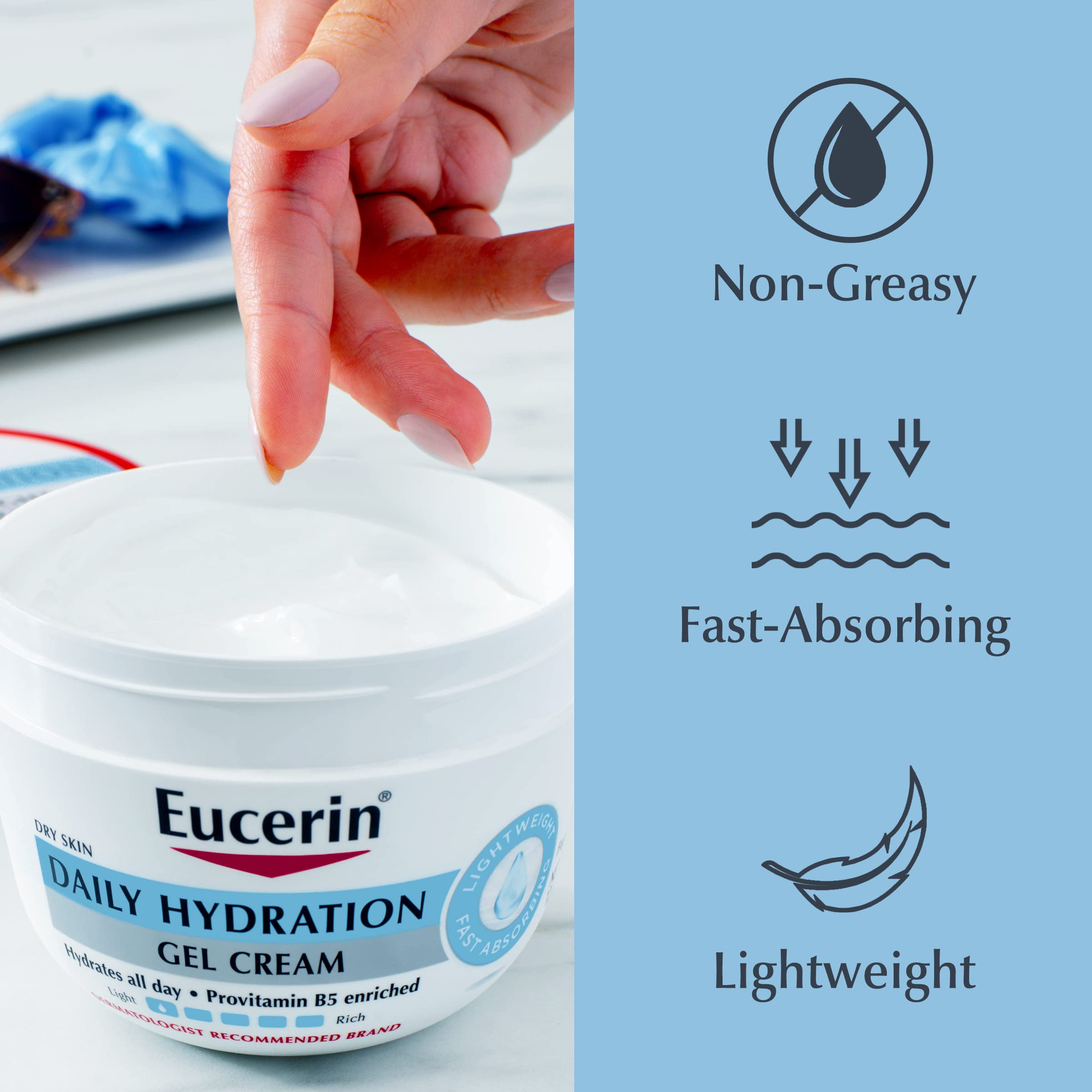 Pot 12oz Eucerin etiquette claire sans parfum, pratique.