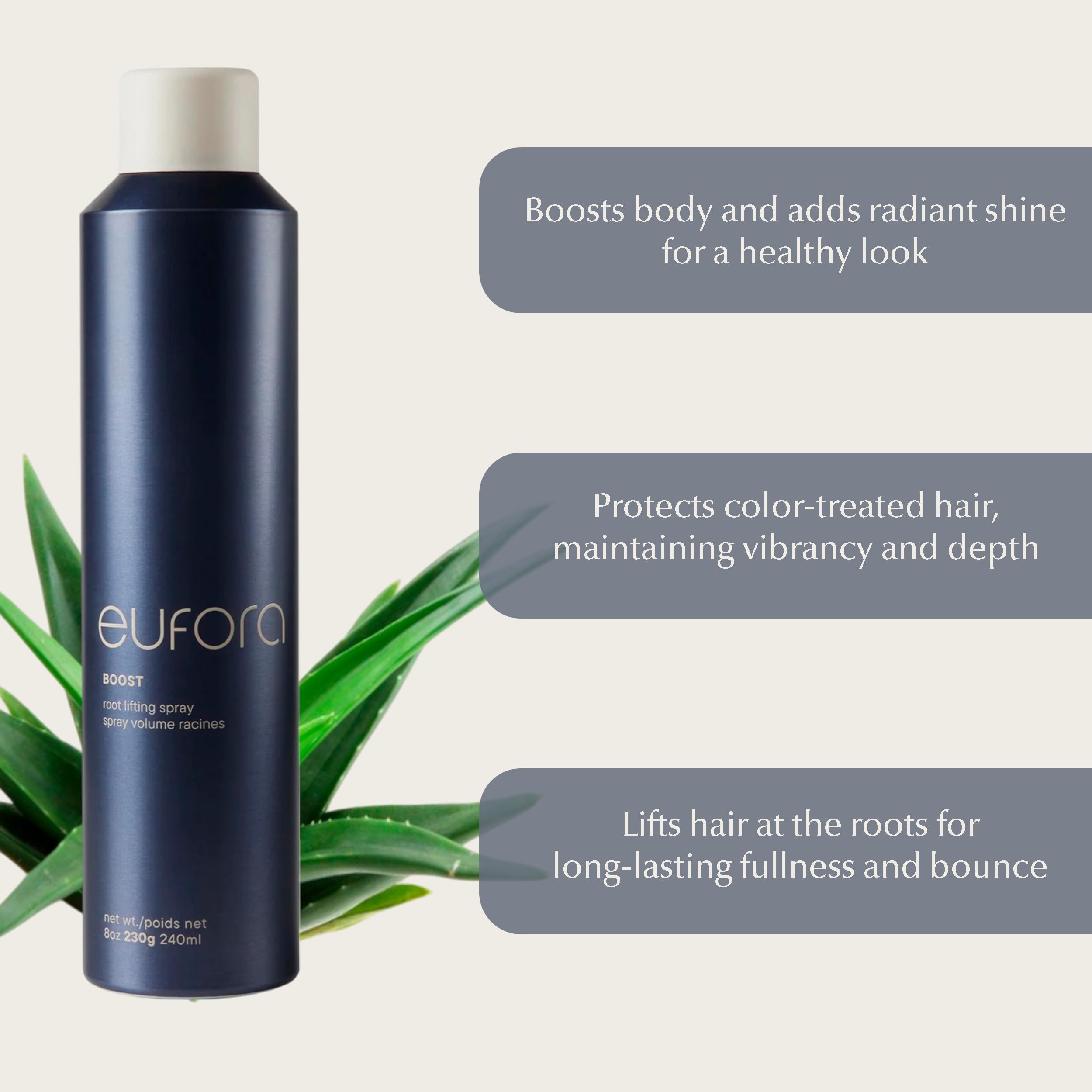 Cheveux après application avec Eufora Boost, volume accru et mouvement naturel.
