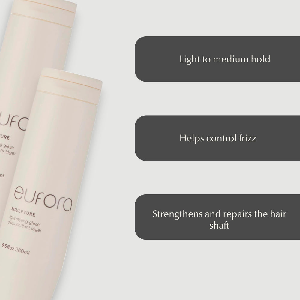 Eufora Sculpture Light Glaze, cheveux lisses, frizz maîtrisé et mouvement naturel.