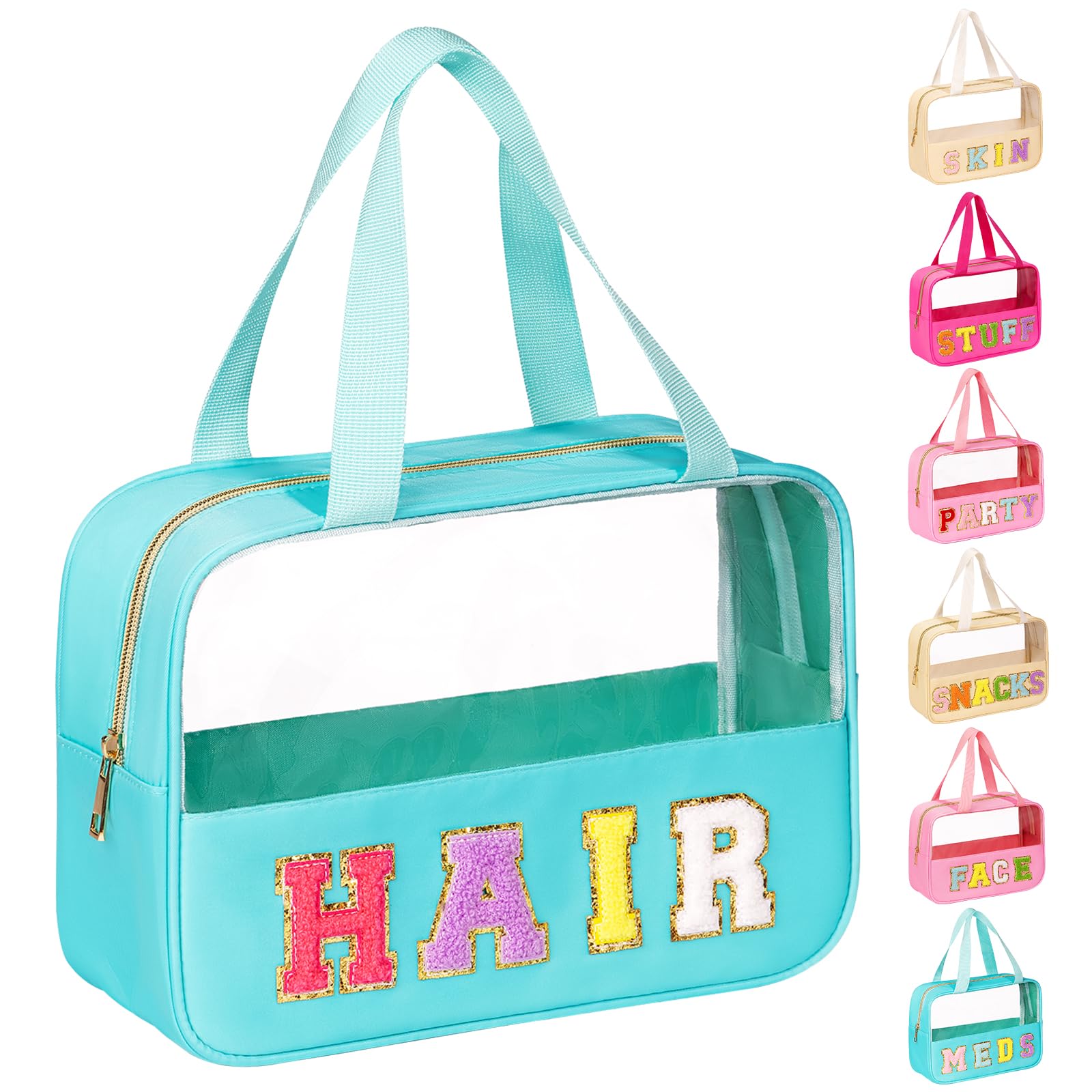 Sac à maquillage transparent eurovicky avec patch chenille, rangement clair et pratique lors des voyages.