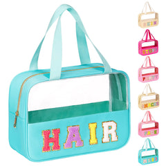 Sac à maquillage transparent eurovicky avec patch chenille, rangement clair et pratique lors des voyages.