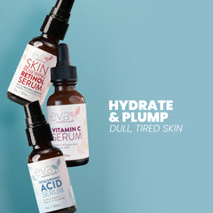 Coffret Eva Naturals de trois sérums visage pour éclat, hydratation et fermeté.