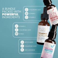 Coffret Eva Naturals – trio de sérums pour une routine anti-âge complète.