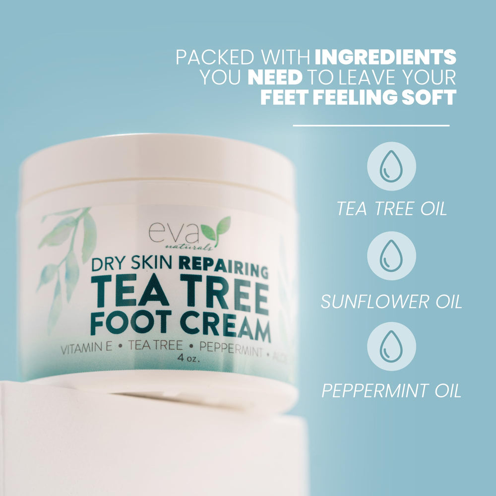 Application et massage de la Crème Tea Tree Eva Naturals pour pieds nourris.