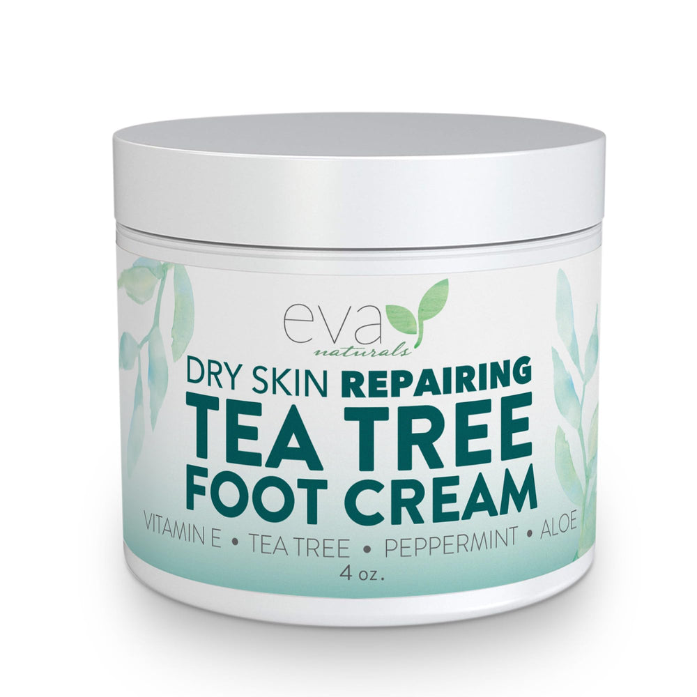 Crème Pieds Tea Tree Eva Naturals dans son flacon, hydratation durable après une journée.