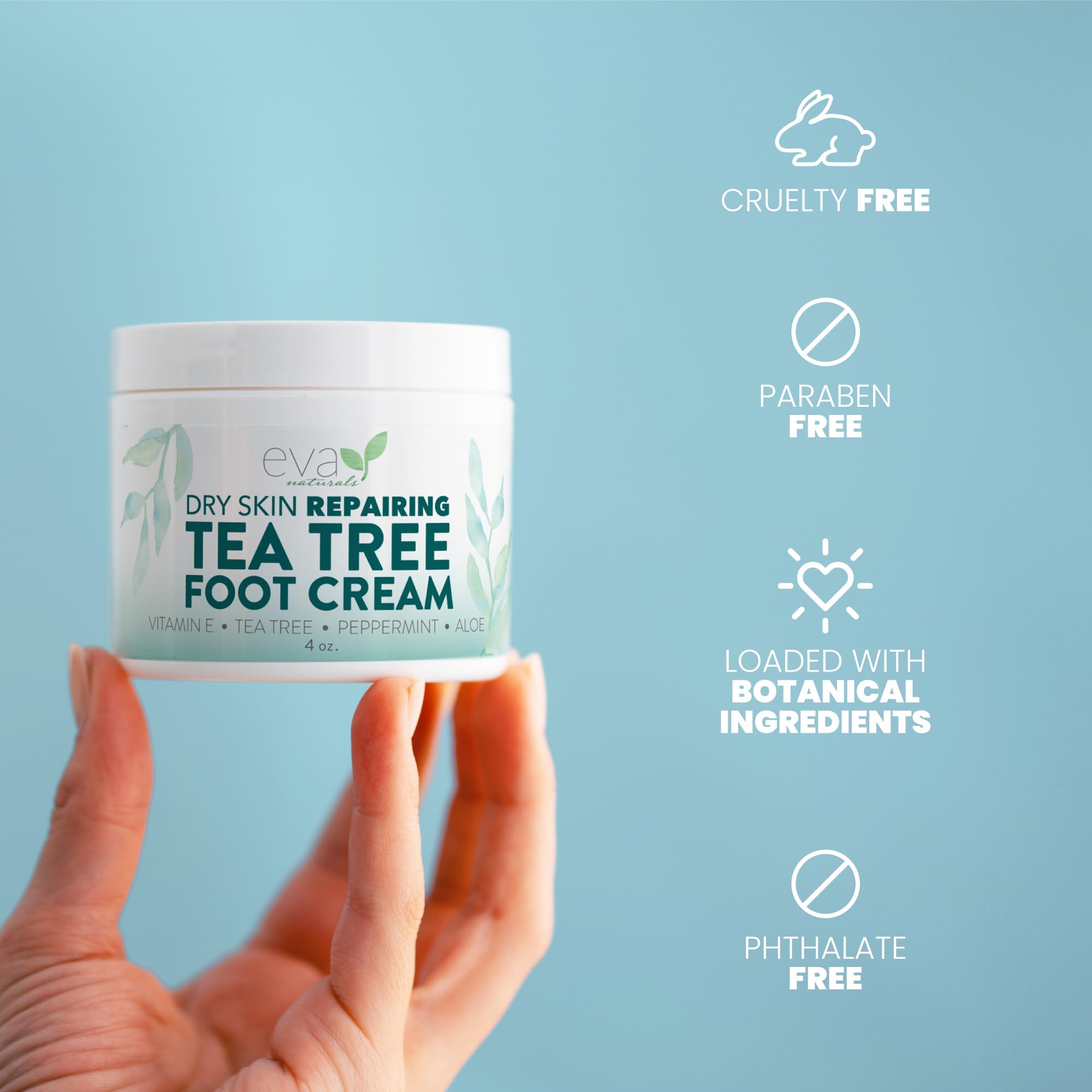 Geranium et hydratation dans la Crème Pieds Tea Tree Eva Naturals.