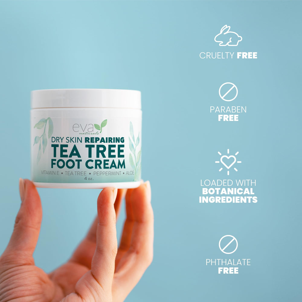 Geranium et hydratation dans la Crème Pieds Tea Tree Eva Naturals.