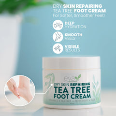 Texture légère de la crème Pieds Tea Tree Eva Naturals prête à être appliquée.