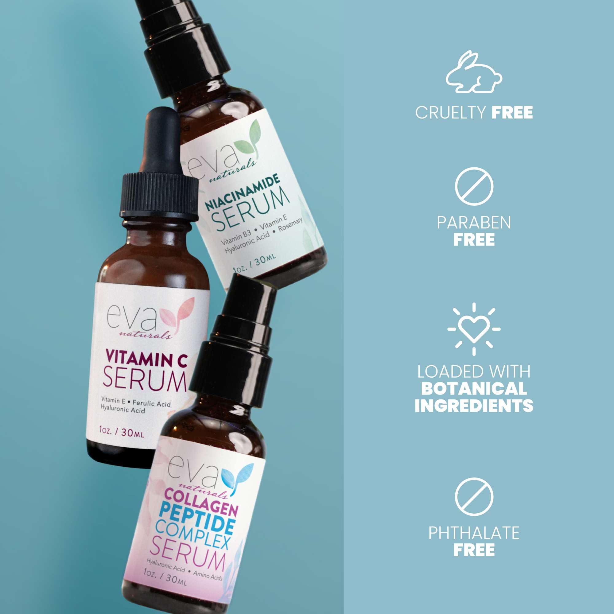 Coffret trio de sérums Eva Naturals présenté dans le coffret.