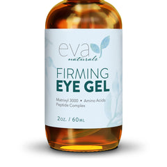 Gel contour des yeux Eva Naturals dans un flacon, prêt à réduire les poches sous les yeux.
