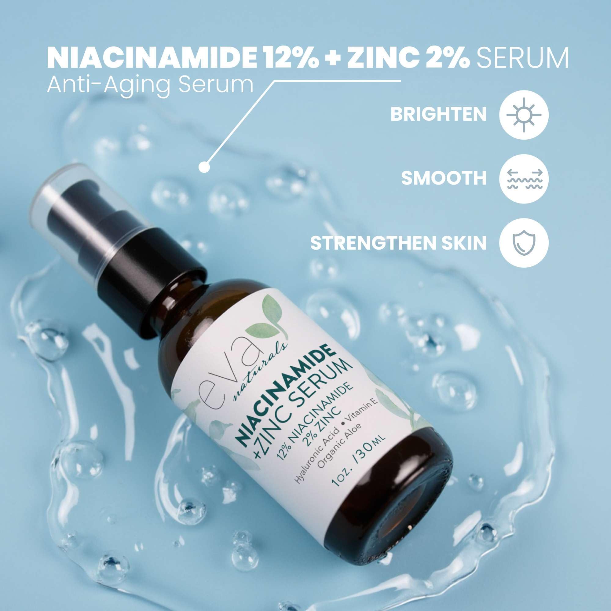 Pompe du sérum Eva Naturals Niacinamide facilitant une application rapide et homogène.