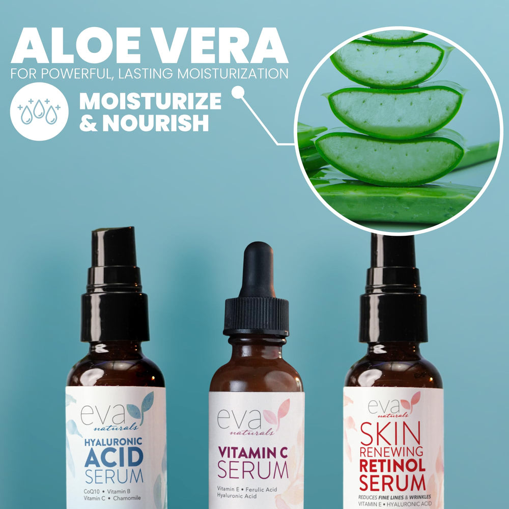 Sérum hyaluronique Eva Naturals appliqué pour peau hydratée et souple.
