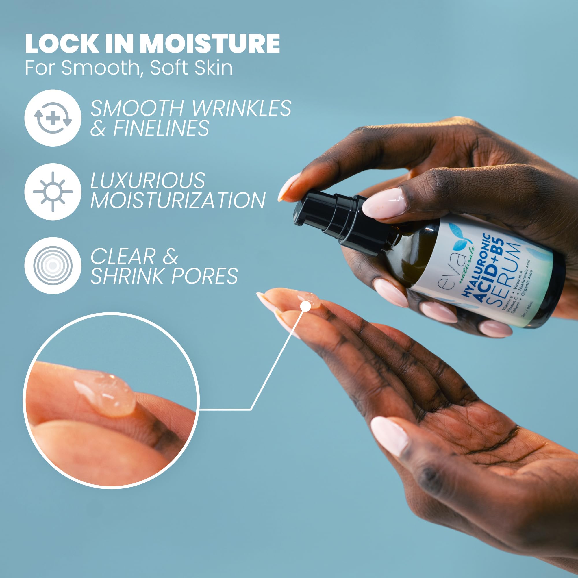 Sérum Eva Naturals avec pompe pour une application précise et rapide.
