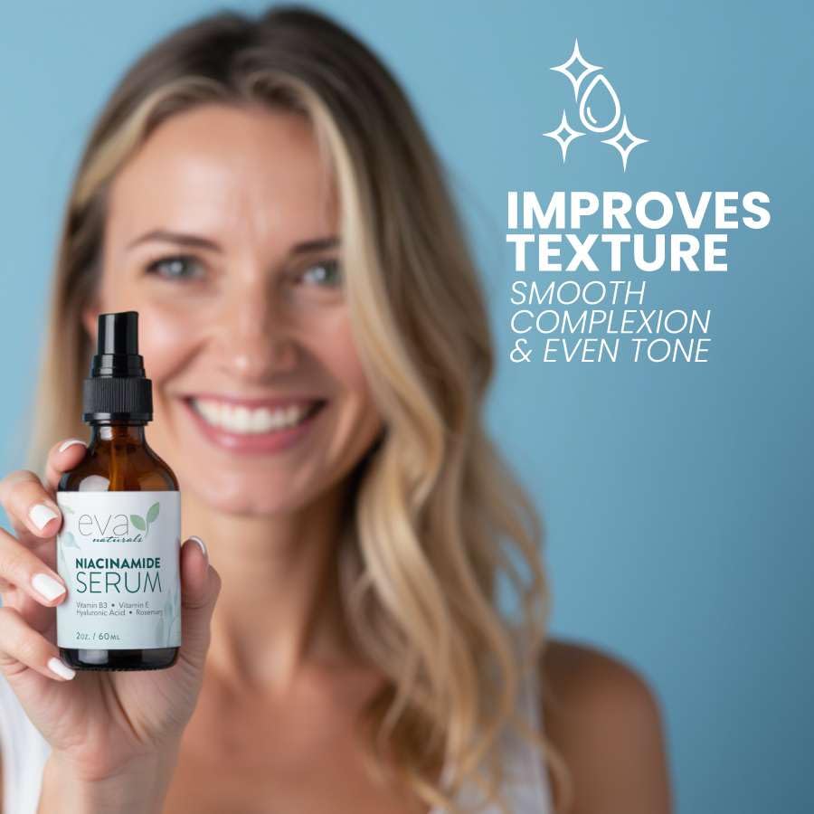 Eva Naturals Niacinamide Serum – eclat: uniformise le teint et réduit les taches.