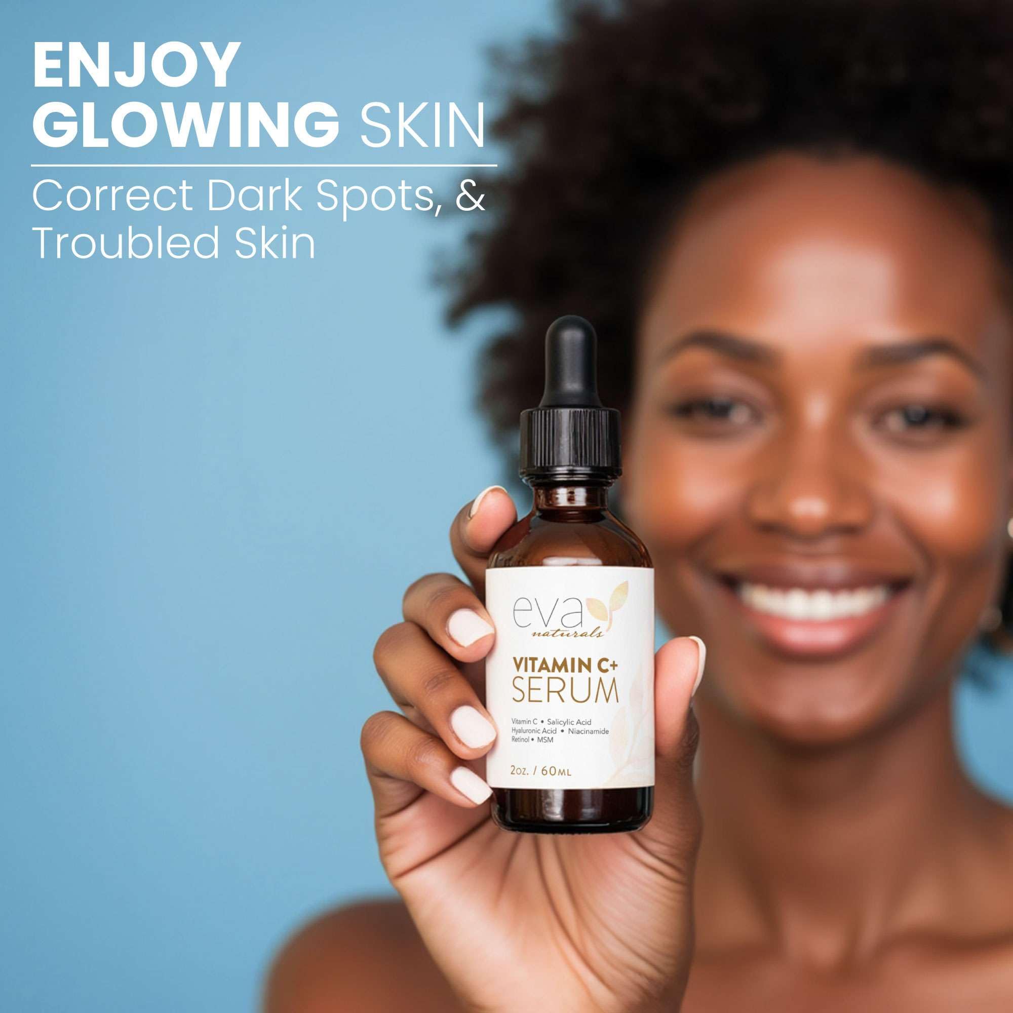 Ingrédients Niacinamide et Hyaluronique du sérum Eva Naturals hydratant et uniforme