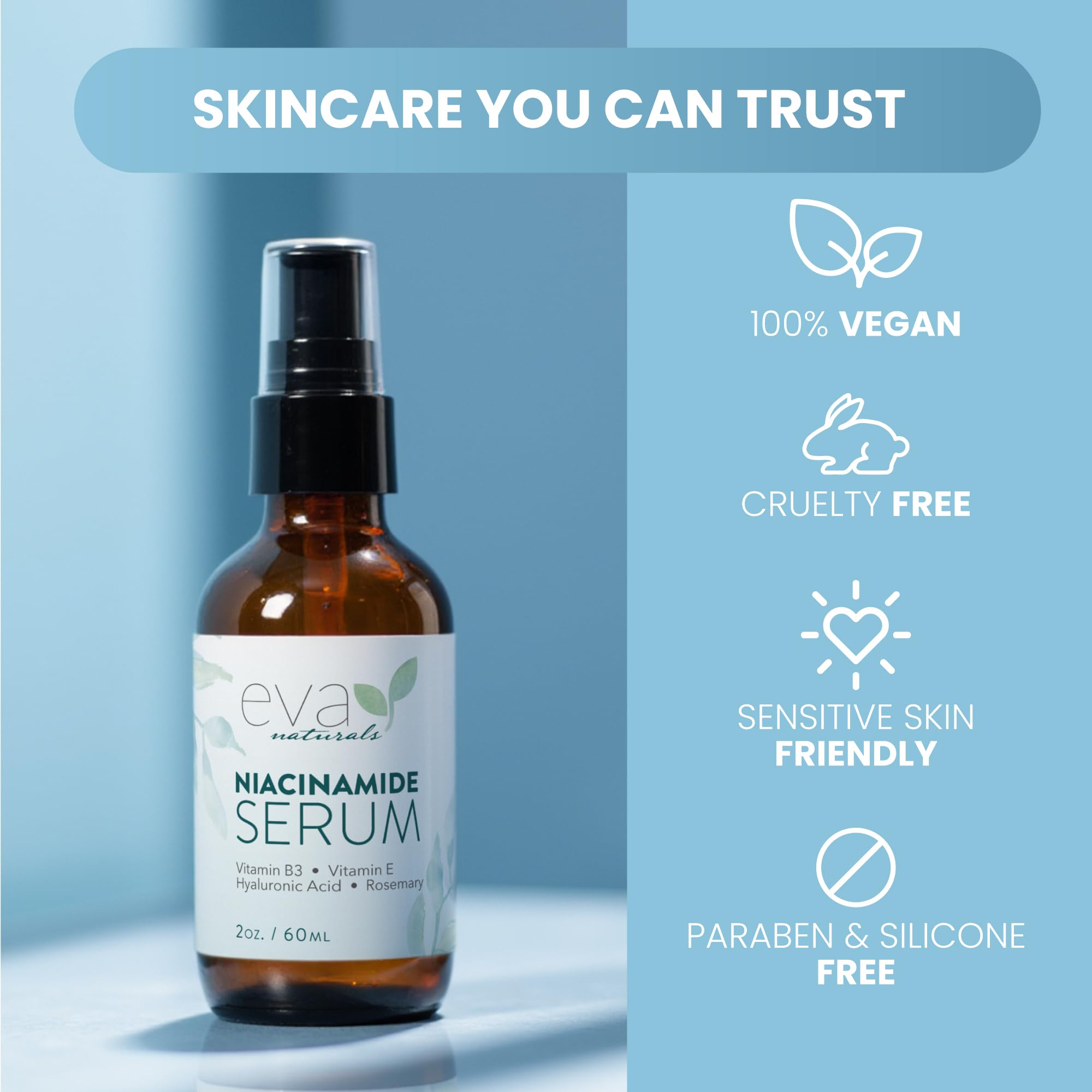 Eva Naturals Niacinamide Serum – texture-lisse: peau plus douce prête au maquillage.