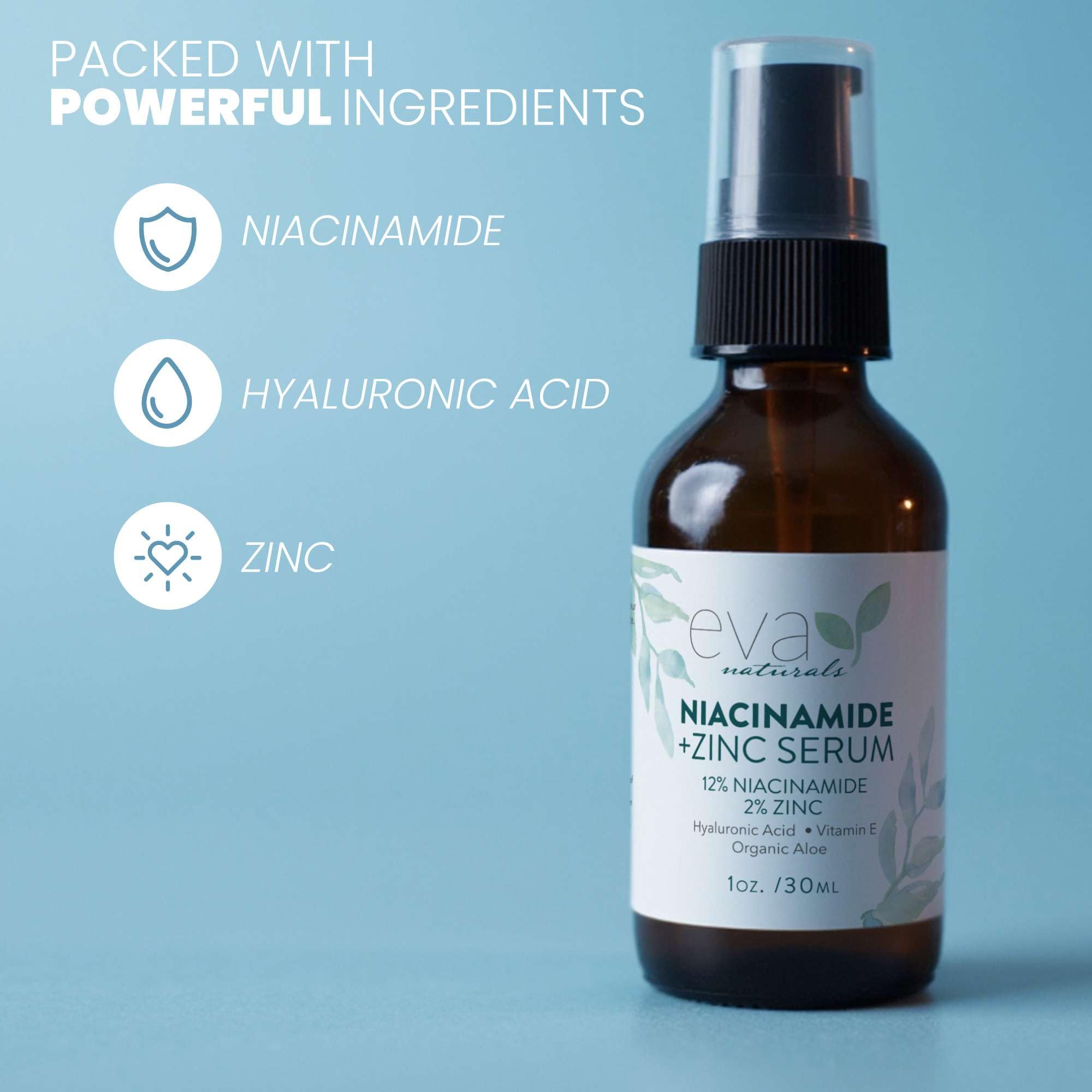 Emballage du sérum Eva Naturals prêt à l’emploi, fabriqué aux États‑Unis.