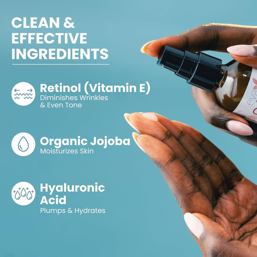 Étiquette et emballage Eva Naturals visibles sur le flacon.
